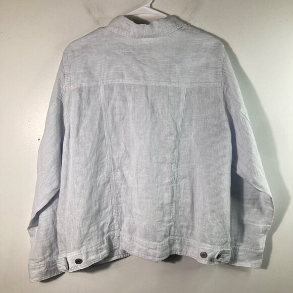 Womens Jones & Co Striped Linen Jacket White Blue 1X Linen Pockets - Picture 2 of 10